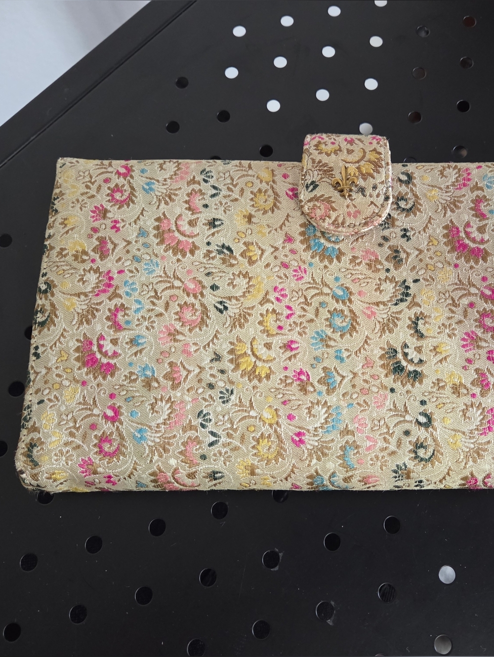 Embroidered Floral Jacquard Wallet Clutch - Cream with Pink, Blue & Gold